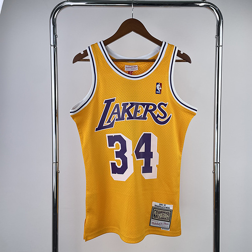 MN Heat pressed Retro jersey:SW NBA Los Angeles Lakers jersey  1996 1997 Season round neckYellow #34 O\’Neal Los Angeles Lakers