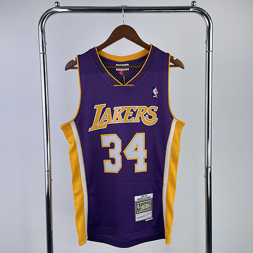 MN Heat pressed Retro jersey:SW NBA Los Angeles Lakers jersey 1999 2000 season V-neck Purple #34 O\’Neal Los Angeles Lakers