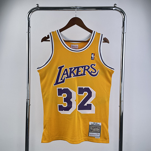 MN Heat pressed retro jersey SW NBA Los Angeles Lakers jersey  1984 1985 Season round neck Yellow #32 Johnson Los Angeles Lakers
