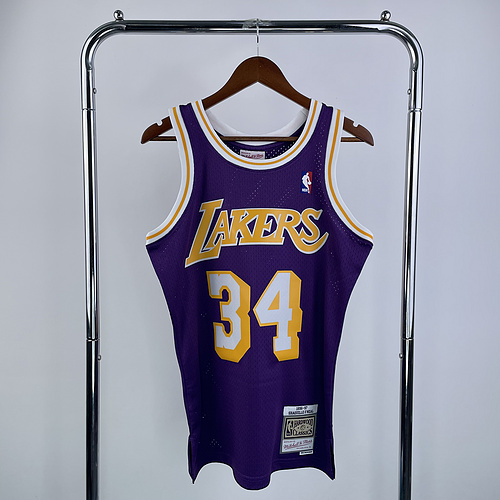 MN Heat pressed retro jersey SW NBA Los Angeles Lakers jersey  1996 1997 Season round neck Purple #34 O\’Neal Los Angeles Lakers
