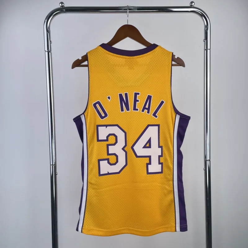 MN Heat pressed Retro NBA Los Angeles Lakers jersey 1999 2000 Season V-neck Yellow #34 O Neal