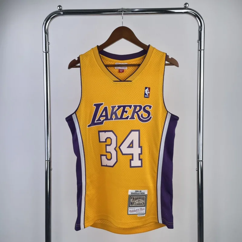 MN Heat pressed Retro NBA Los Angeles Lakers jersey 1999 2000 Season V-neck Yellow #34 O Neal