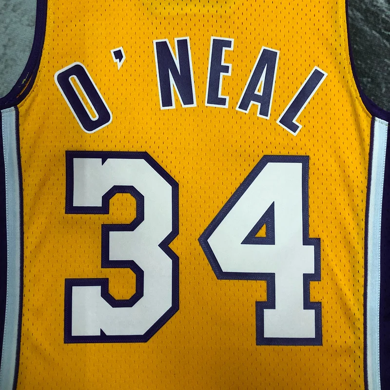 MN Heat pressed Retro NBA Los Angeles Lakers jersey 1999 2000 Season V-neck Yellow #34 O Neal