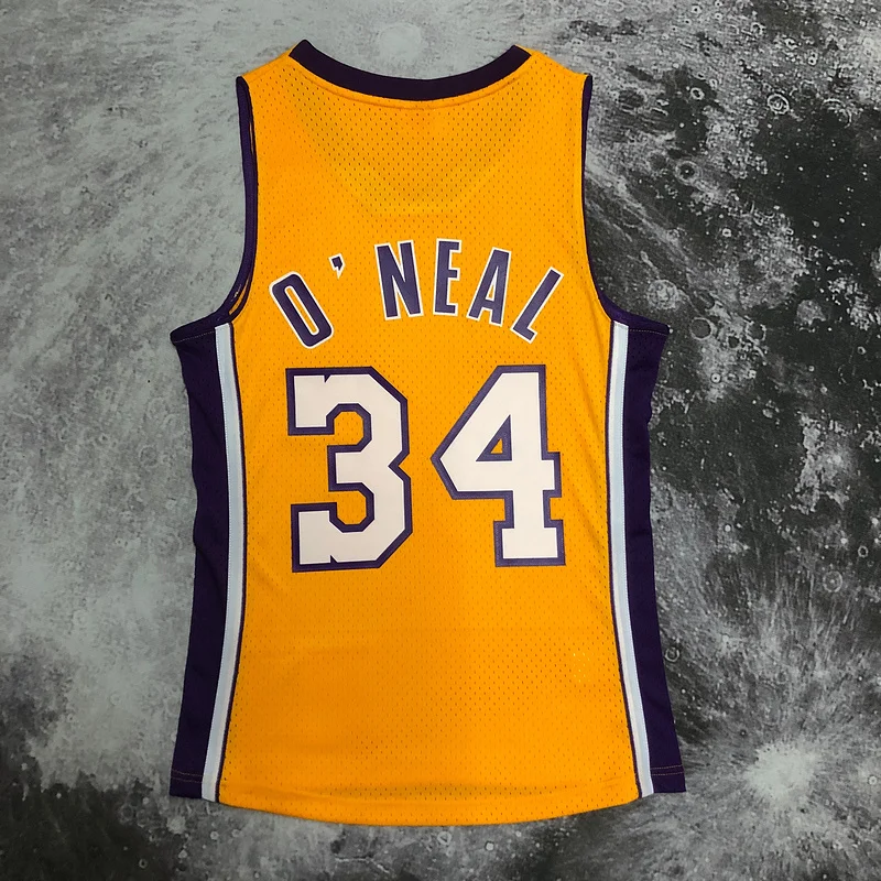 MN Heat pressed Retro NBA Los Angeles Lakers jersey 1999 2000 Season V-neck Yellow #34 O Neal