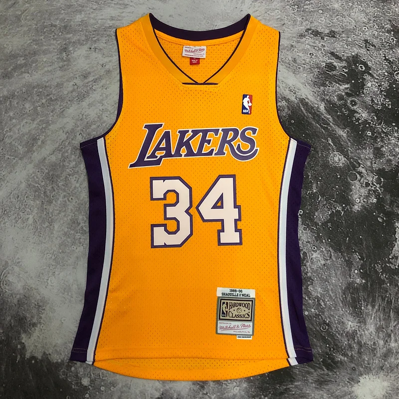 MN Heat pressed Retro NBA Los Angeles Lakers jersey 1999 2000 Season V-neck Yellow #34 O Neal