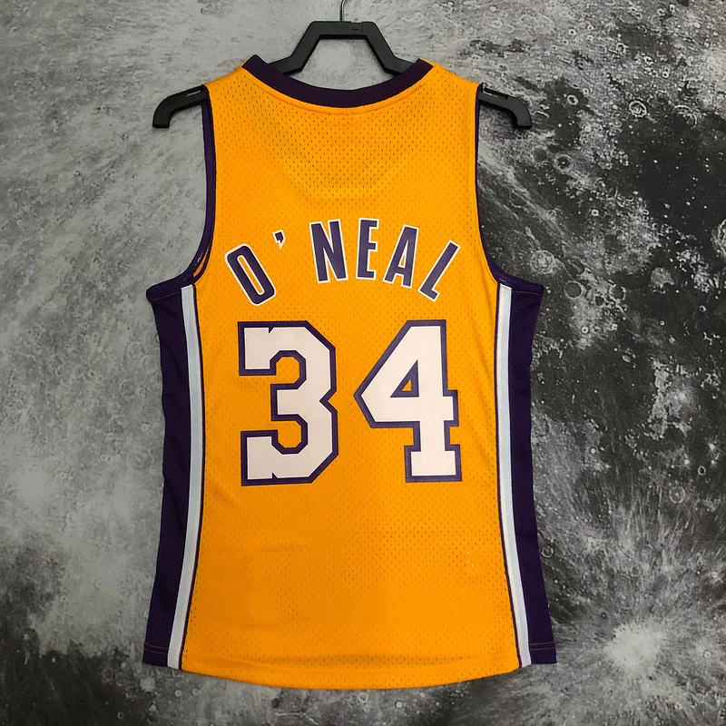 MN Heat pressed Retro NBA Los Angeles Lakers jersey 1999 2000 Season V-neck Yellow #34 O Neal