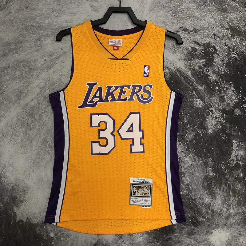 MN Heat pressed Retro NBA Los Angeles Lakers jersey 1999 2000 Season V-neck Yellow #34 O Neal