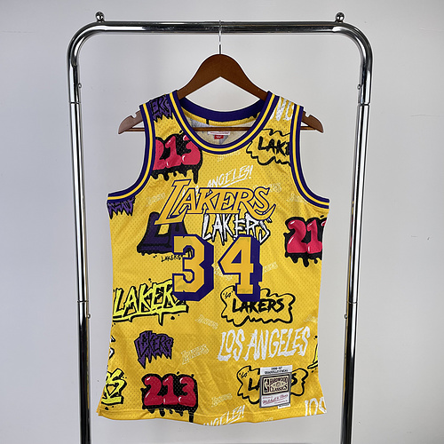 MN Heat pressed Retro jersey:SW NBA Los Angeles Lakers jersey  1996 1997 Season Graffiti #34 O\’Neal Los Angeles Lakers