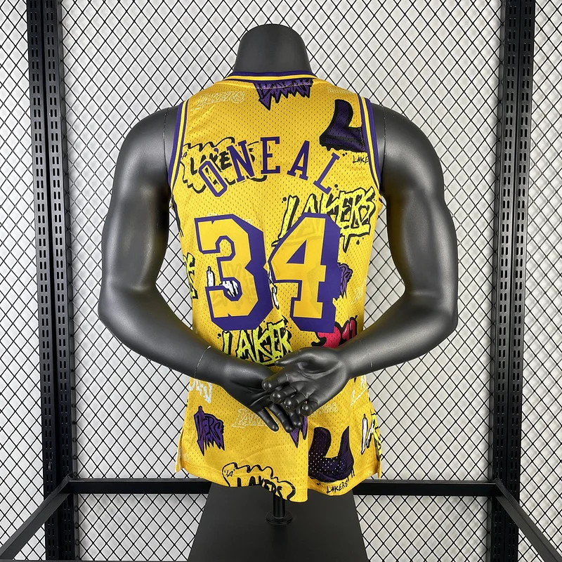 MN Heat pressed Retro jersey:SW NBA Los Angeles Lakers jersey  1996 1997 Season Graffiti #34 O\'Neal