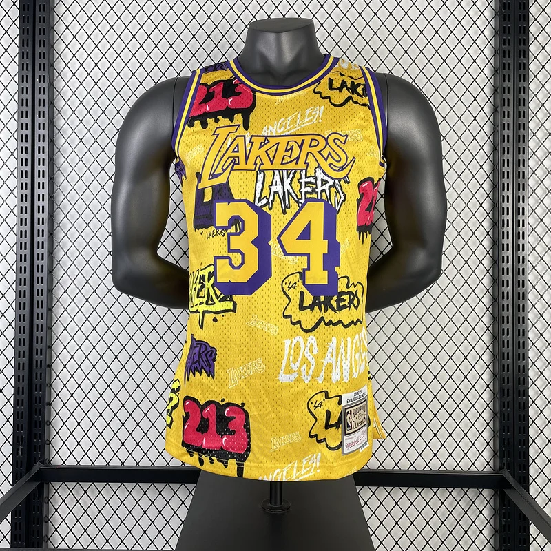 MN Heat pressed Retro jersey:SW NBA Los Angeles Lakers jersey  1996 1997 Season Graffiti #34 O\'Neal