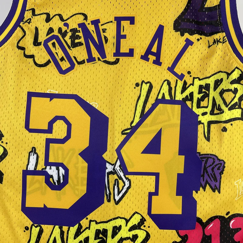 MN Heat pressed Retro jersey:SW NBA Los Angeles Lakers jersey  1996 1997 Season Graffiti #34 O\'Neal