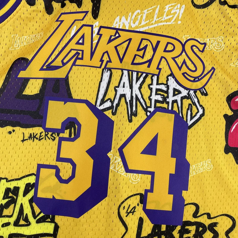 MN Heat pressed Retro jersey:SW NBA Los Angeles Lakers jersey  1996 1997 Season Graffiti #34 O\'Neal