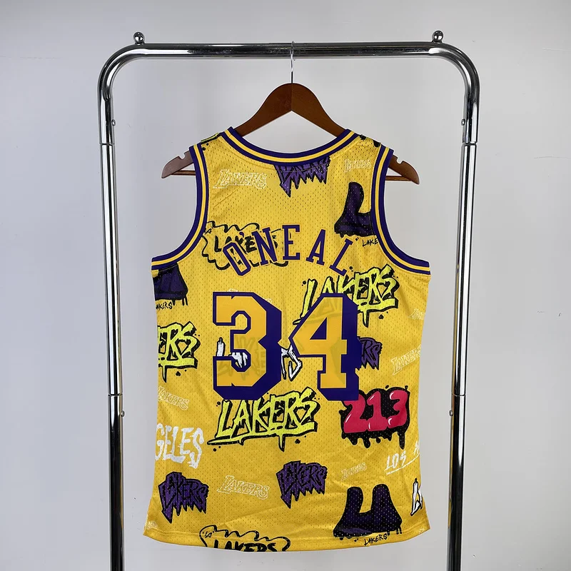 MN Heat pressed Retro jersey:SW NBA Los Angeles Lakers jersey  1996 1997 Season Graffiti #34 O\'Neal