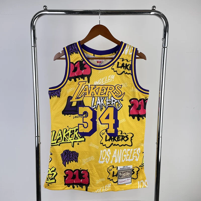 MN Heat pressed Retro jersey:SW NBA Los Angeles Lakers jersey  1996 1997 Season Graffiti #34 O\'Neal