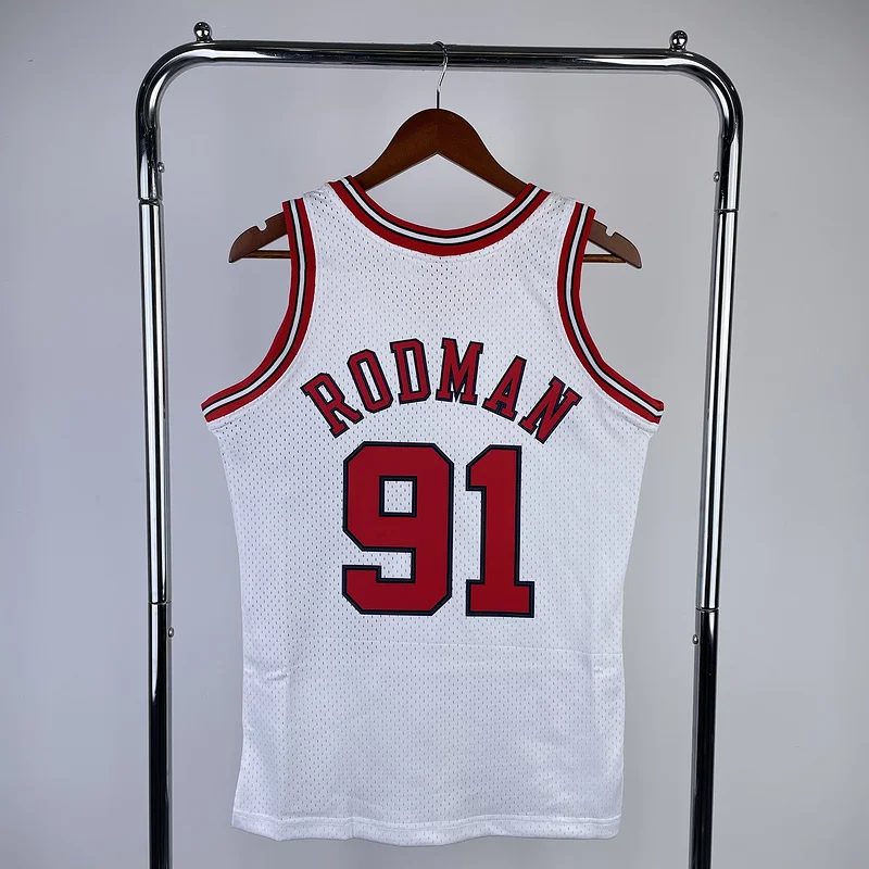 MN Hot Print Retro NBA Chicago Bulls Basketball jersey 1998 Season white #91 RODMAN