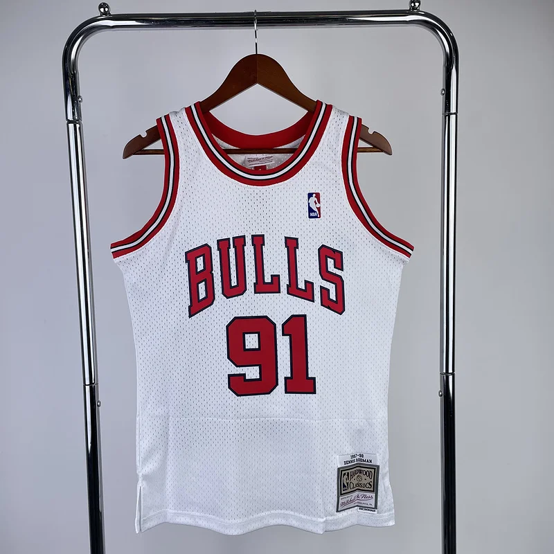 MN Hot Print Retro NBA Chicago Bulls Basketball jersey 1998 Season white #91 RODMAN