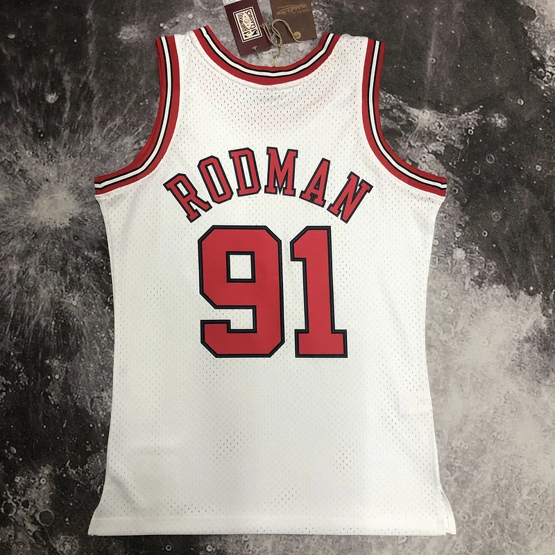 MN Hot Print Retro NBA Chicago Bulls Basketball jersey 1998 Season white #91 RODMAN