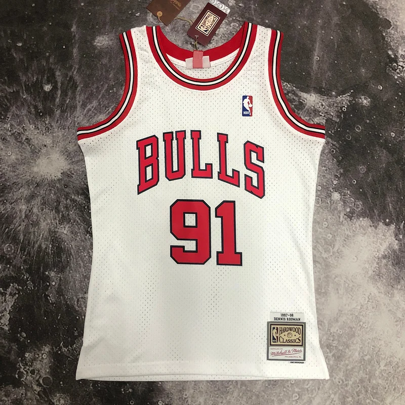 MN Hot Print Retro NBA Chicago Bulls Basketball jersey 1998 Season white #91 RODMAN