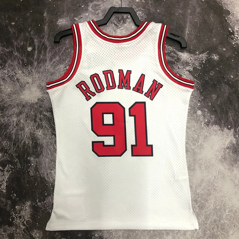 MN Hot Print Retro NBA Chicago Bulls Basketball jersey 1998 Season white #91 RODMAN