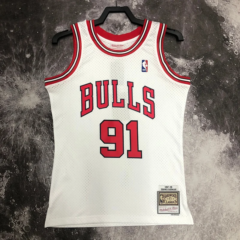 MN Hot Print Retro NBA Chicago Bulls Basketball jersey 1998 Season white #91 RODMAN