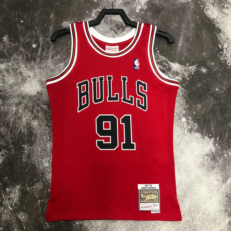 MN Hot Print Retro NBA Chicago Bulls Basketball jersey 1998 Season red #91 RODMAN