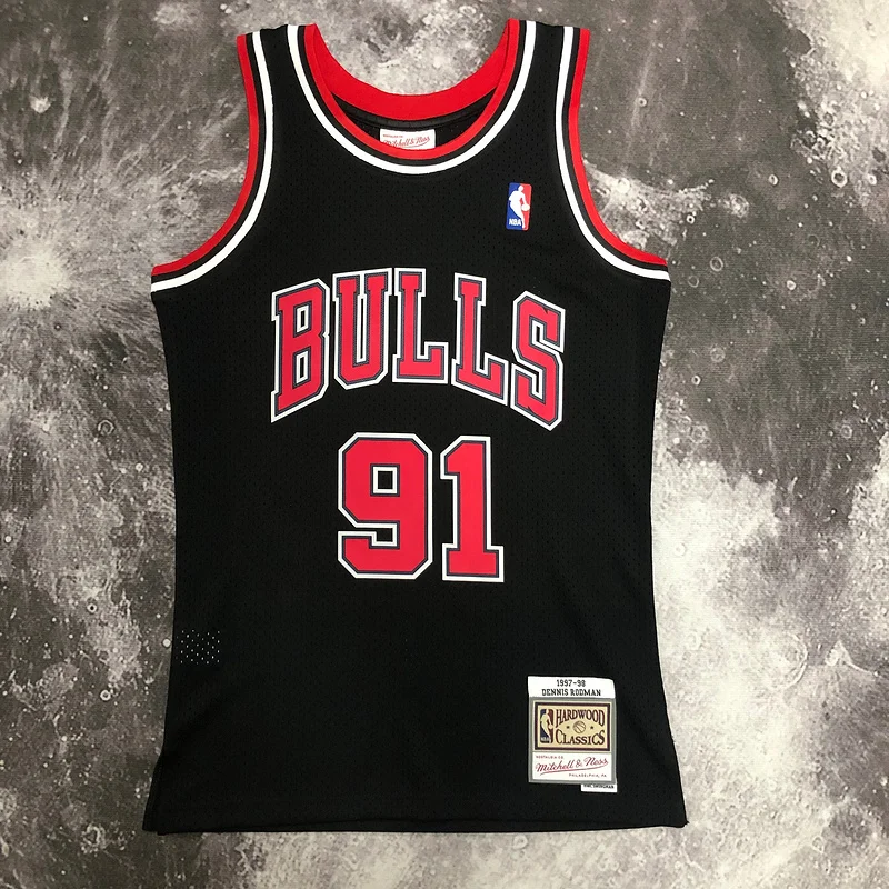 MN Hot Print Retro NBA Chicago Bulls Basketball jersey 1998 Season black #91 RODMAN