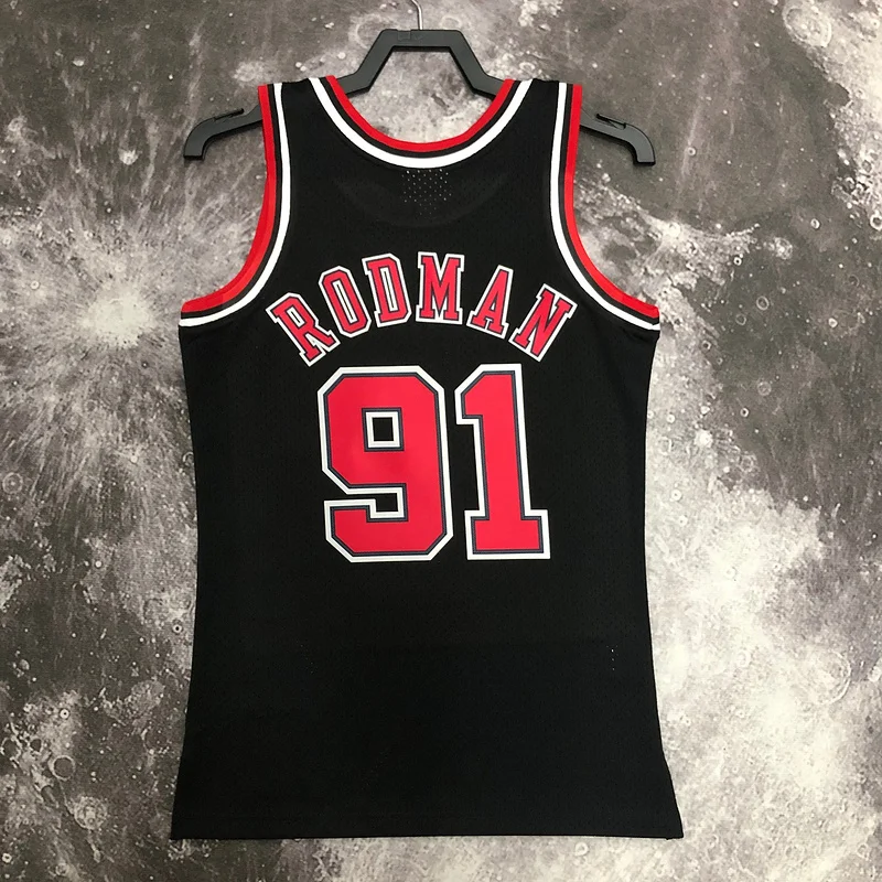 MN Hot Print Retro NBA Chicago Bulls Basketball jersey 1998 Season black #91 RODMAN