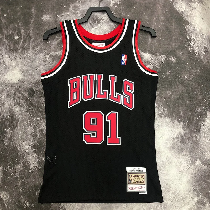 MN Hot Print Retro NBA Chicago Bulls Basketball jersey 1998 Season black #91 RODMAN