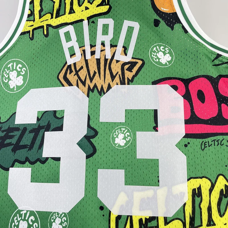 1985 1986 Season MN Hot Print Retro NBA Boston Celtics Basketball Jersey Graffiti #33 BIRD