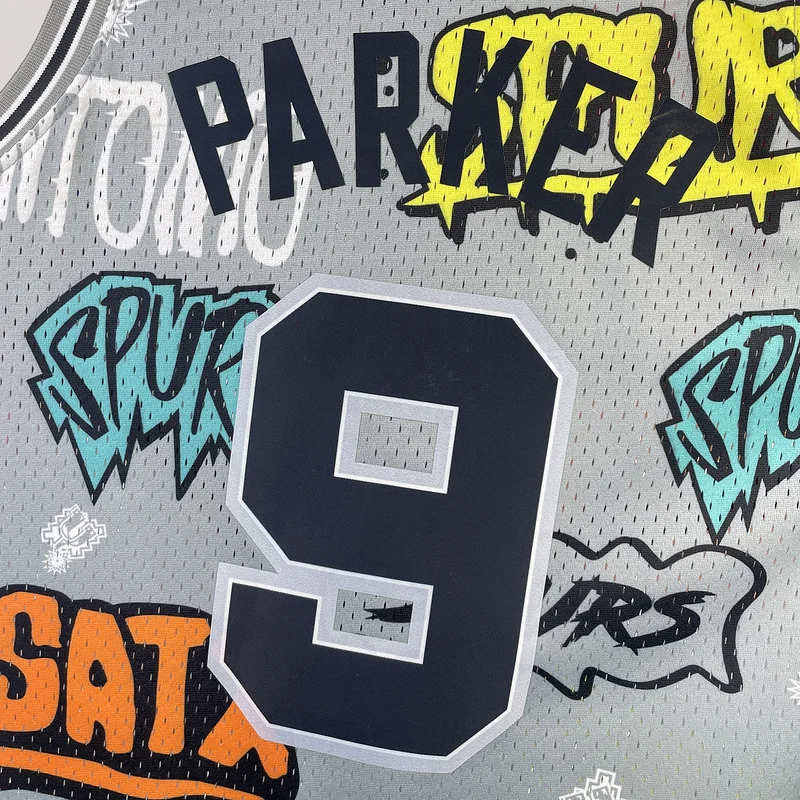 Mitchell Ness Hot Print Retro San Antonio Spurs Basketball Jersey 2002 2003 Graffiti #9 PARKER