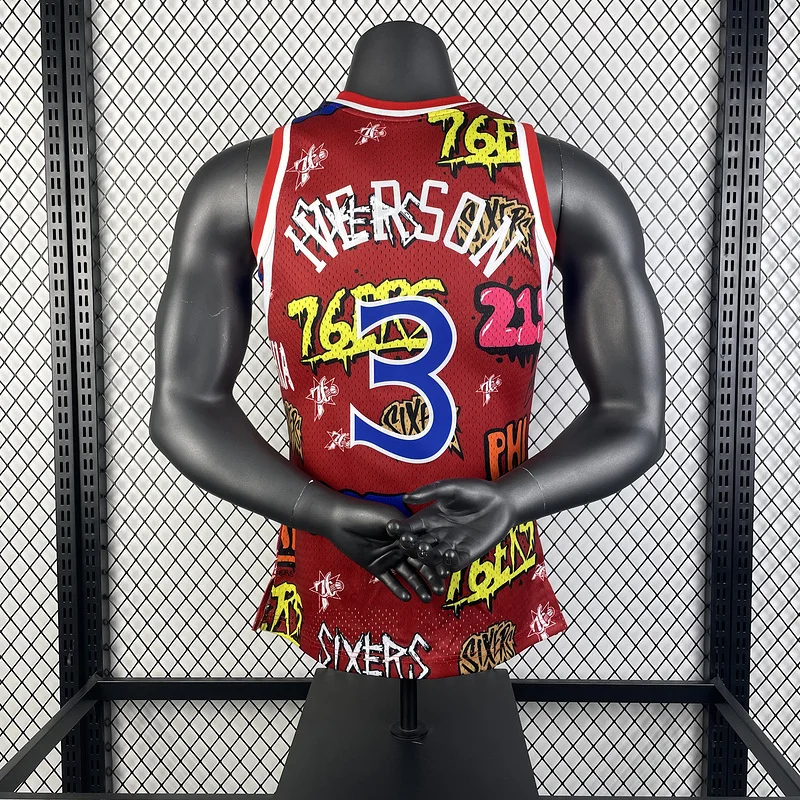 1996 1997 Season MN Hot Print Retro Philadelphia 76ers Basketball Jersey Graffiti #3 IVERSON