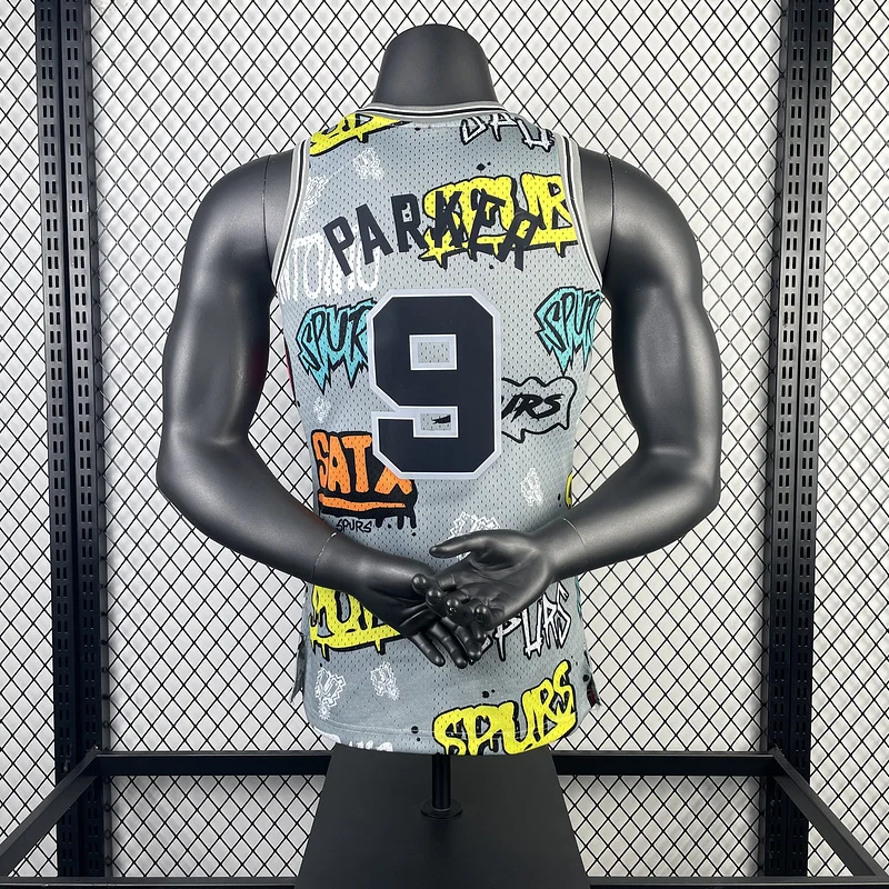 Mitchell Ness Hot Print Retro San Antonio Spurs Basketball Jersey 2002 2003 Graffiti #9 PARKER