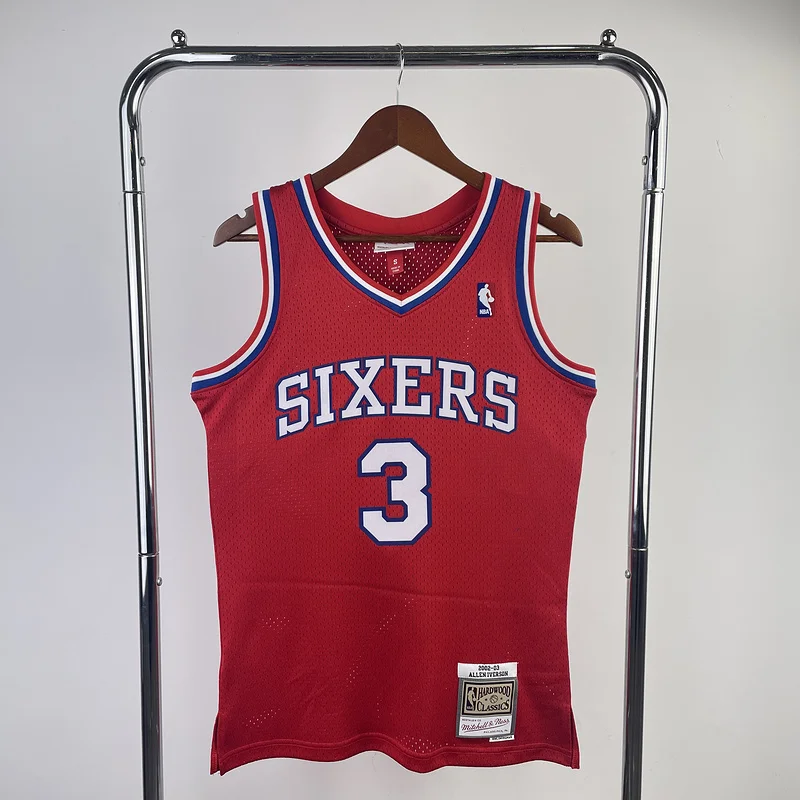 1996 1997 Season MN Hot Print Retro Philadelphia 76ers Basketball Jersey Red #3 IVERSON