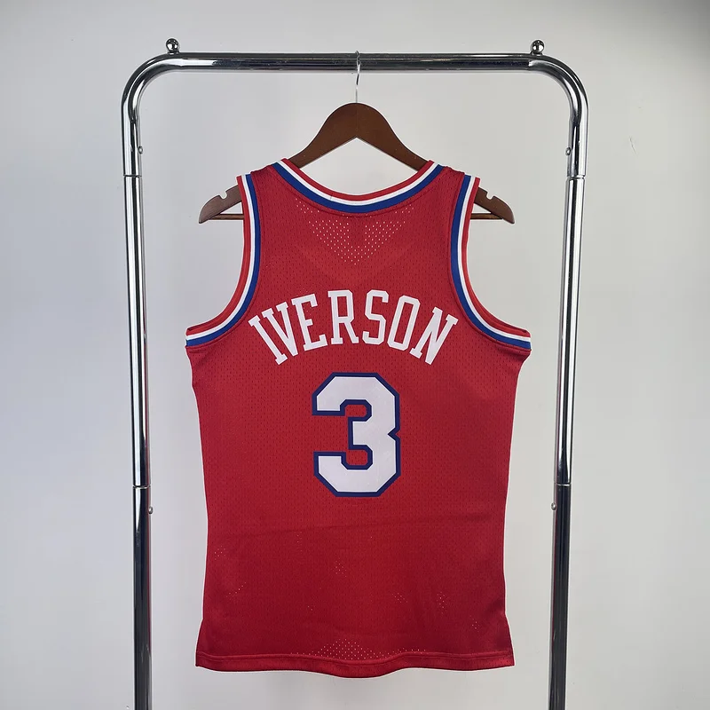 1996 1997 Season MN Hot Print Retro Philadelphia 76ers Basketball Jersey Red #3 IVERSON