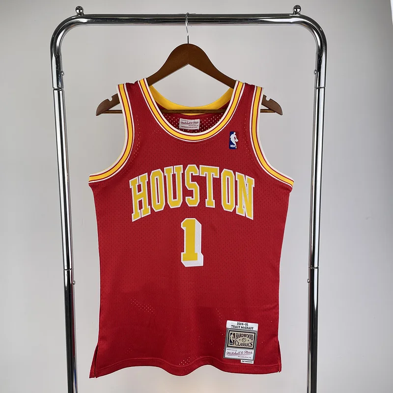 Mitchell Ness Hot Print Retro Houston Rockets Basketball Jersey 2004 2005 Red #1 McGRADY