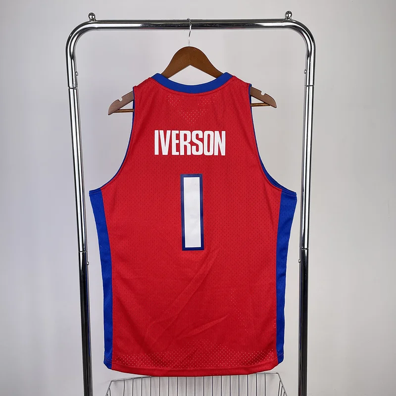 2008 2009 Mitchell Ness Hot Print Retro Detroit Pistons Basketball Jersey 红色 #1 IVERSON