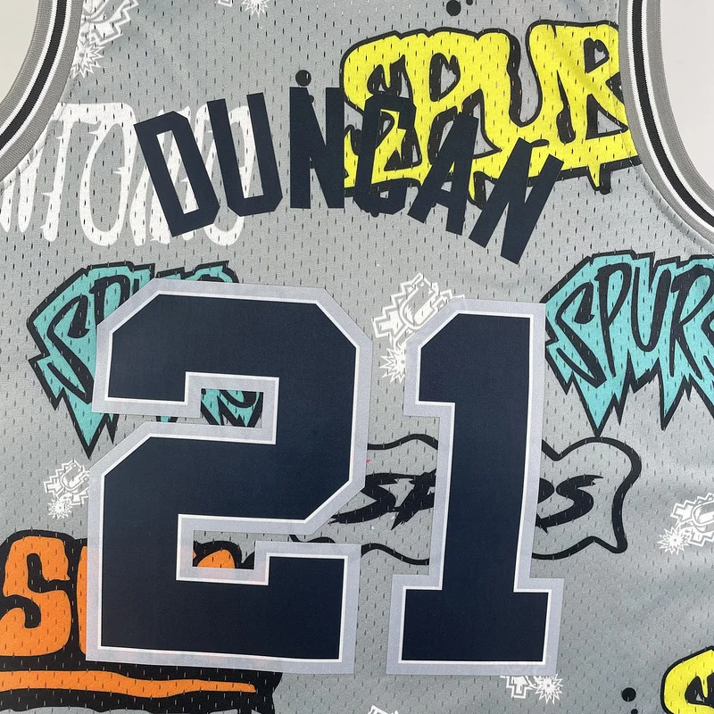 Mitchell Ness Hot Print Retro San Antonio Spurs Basketball Jersey 1998 1999 Graffiti #21 DUNCAN