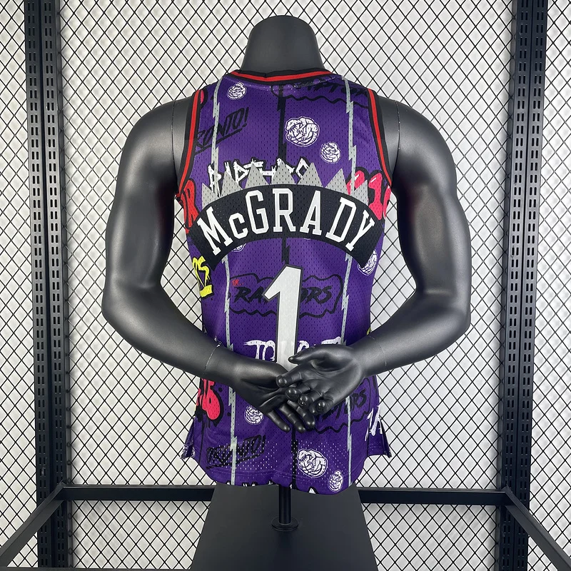 1998 1999 Mitchell Ness Hot Print Retro NBA Toronto Raptors Basketball Jersey Graffiti #1 McGrady