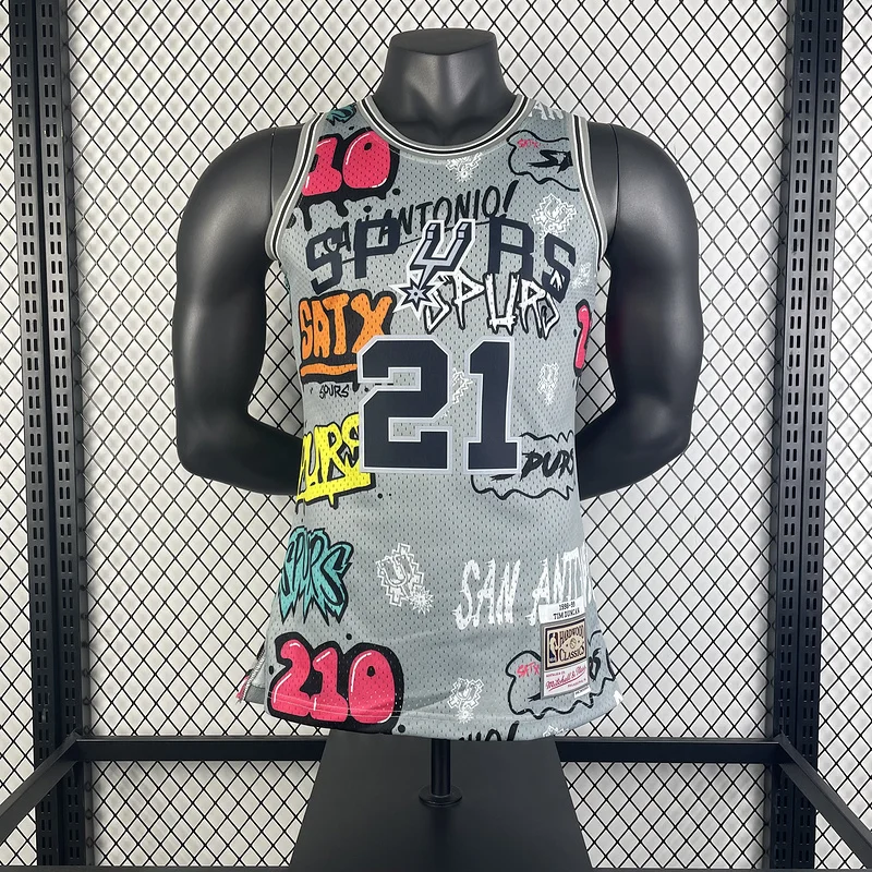 Mitchell Ness Hot Print Retro San Antonio Spurs Basketball Jersey 1998 1999 Graffiti #21 DUNCAN