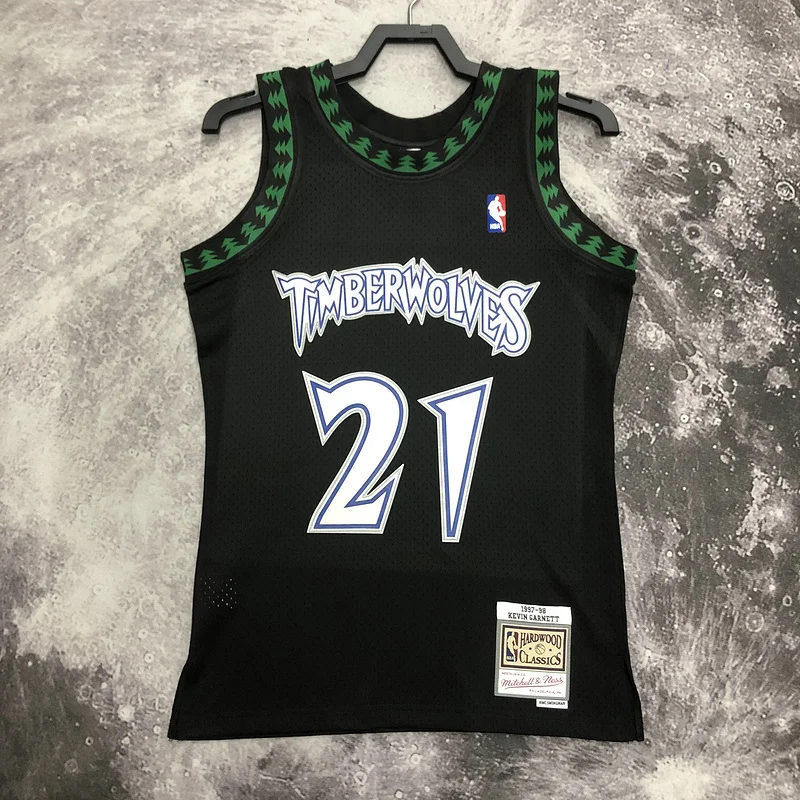 1997 1998 Mitchell Ness Hot Print Retro Minnesota Timberwolves Basketball Jersey Black #21 GARNETT