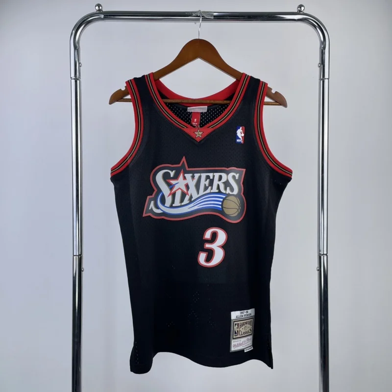 1997 1998 Season MN Hot Print Retro NBA Philadelphia 76ers Basketball Jersey Black #3 IVERSON