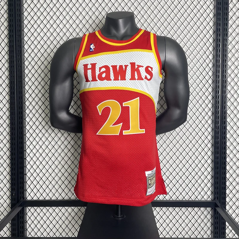 1985 1986 Season Mitchell Ness Hot print retro SW NBA Atlanta Hawks Basketball Jersey Red #21 WILKINS