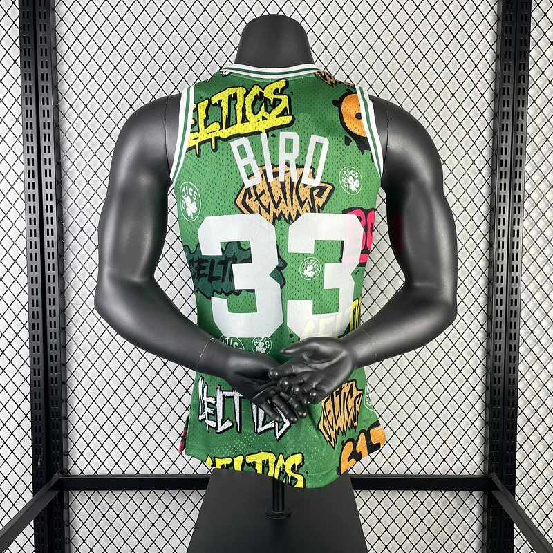 1985 1986 Season MN Hot Print Retro NBA Boston Celtics Basketball Jersey Graffiti #33 BIRD