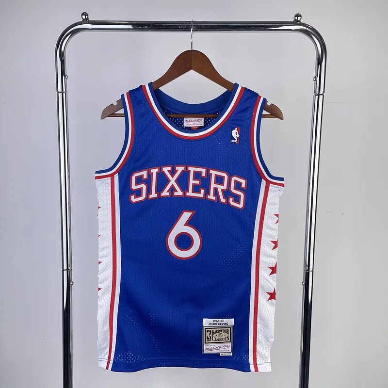 1982 1983 Season MN Hot Print Retro NBA Philadelphia 76ers Basketball Jersey Blue #6 ERVING