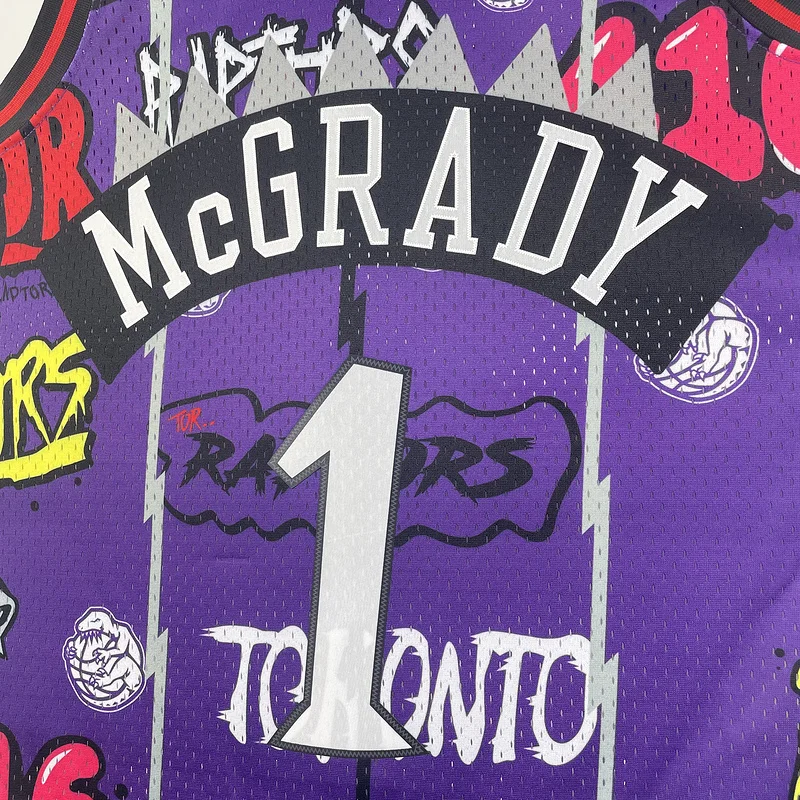 1998 1999 Mitchell Ness Hot Print Retro NBA Toronto Raptors Basketball Jersey Graffiti #1 McGrady