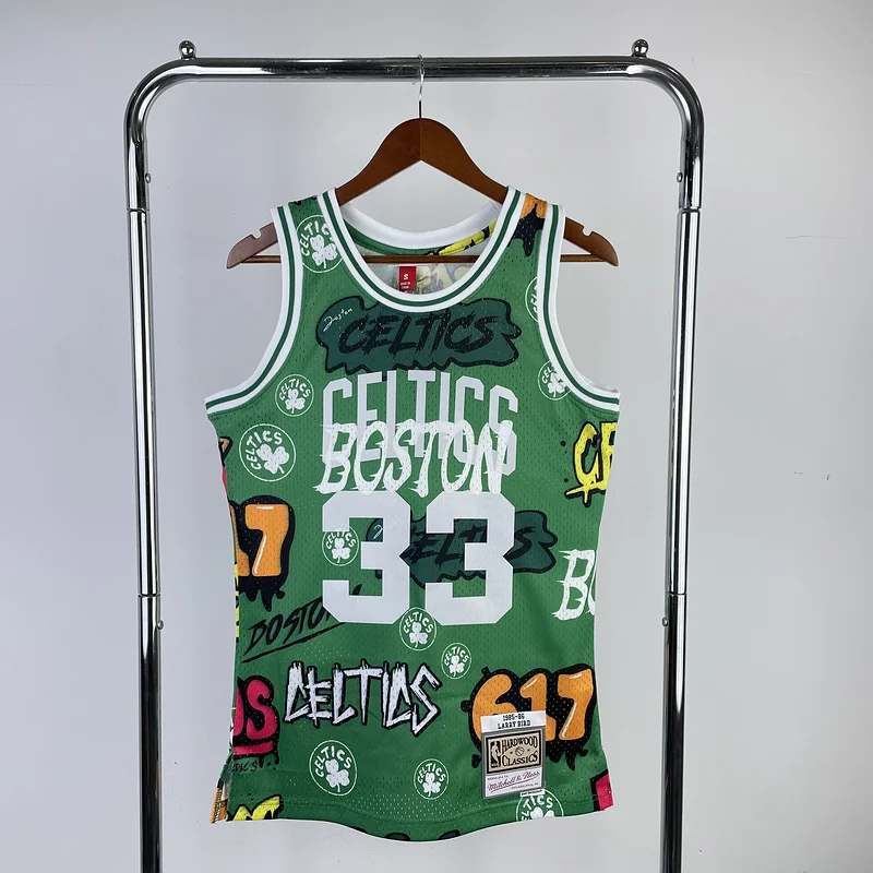 1985 1986 Season MN Hot Print Retro NBA Boston Celtics Basketball Jersey Graffiti #33 BIRD