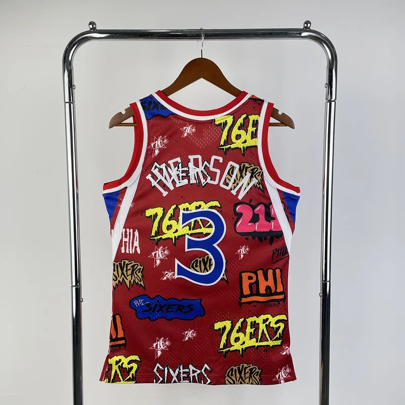 1996 1997 Season MN Hot Print Retro Philadelphia 76ers Basketball Jersey Graffiti #3 IVERSON