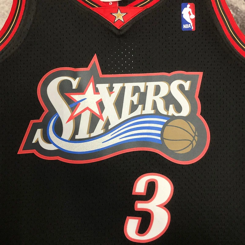 1997 1998 Season MN Hot Print Retro NBA Philadelphia 76ers Basketball Jersey Black #3 IVERSON