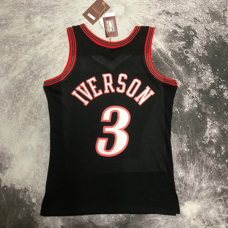 1997 1998 Season MN Hot Print Retro NBA Philadelphia 76ers Basketball Jersey Black #3 IVERSON