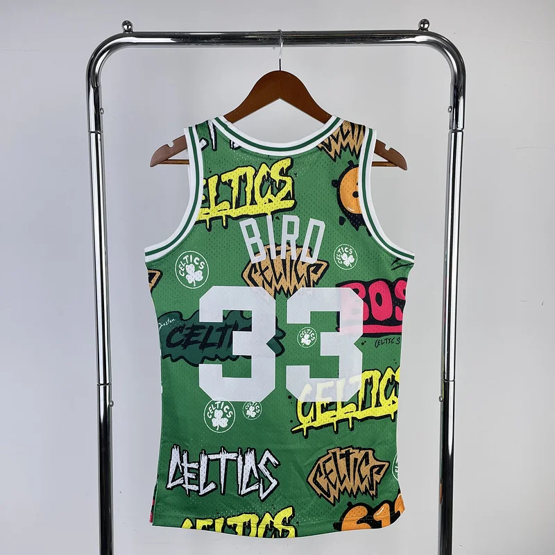 1985 1986 Season MN Hot Print Retro NBA Boston Celtics Basketball Jersey Graffiti #33 BIRD